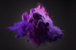 Explosion of purple and violet color paint powder on black background. Neural network generated art photo