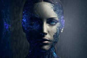 Modern futuristic female humanoid robot portrait with technology details on face. Neural network generated art photo