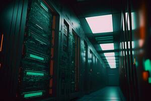 Server racks in computer network security server room data center. Neural network generated art photo