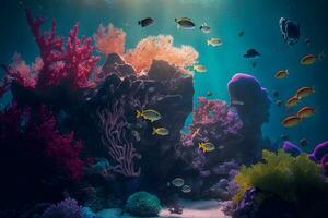 Aqua scene with corals and many fish on blue underwater background. Neural network generated art photo