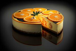 Piece of cheesecake with fresh orange slices and mint. Neural network generated art photo