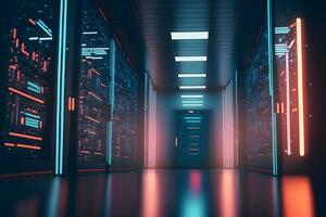 Server racks in computer network security server room data center. Neural network generated art photo