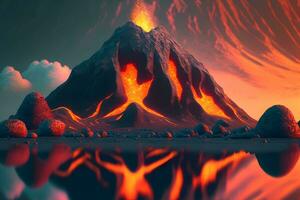 Night fantasy landscape with abstract mountains and island on the water, explosive volcano with burning lava. Neural network generated art photo