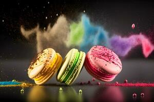 Colorful macarons with sugar powder explosion moment on black background. Neural network generated art photo