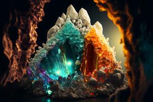 hermosa salvaje cristal estalactitas y estalagmitas en cueva. neural red generado Arte foto