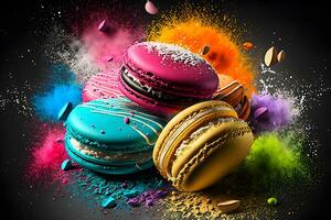 Colorful macarons with sugar powder explosion moment on black background. Neural network generated art photo