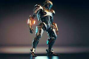 moderno futurista masculino humanoide robot con metal atuendo. neural red generado Arte foto