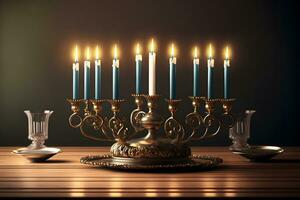 Janucá Menorah en judío tradicional festivo mesa. neural red generado Arte foto