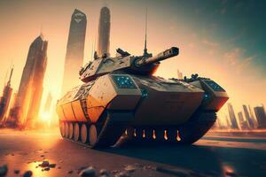 Modern futuristic battle tank with turret and cannon in city center. Neural network generated art photo