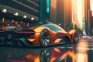 Modern futuristic fast sport car in city center. Neural network generated art photo