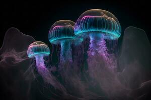 Group of clear glowing neon color light jelly fish in deep dark water. Neural network generated art photo