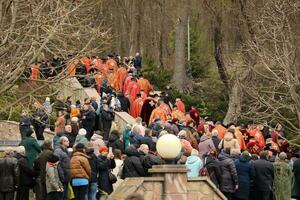 TERNOPIL, UKRAINE - APRIL 2, 2023 Many people during mission in complex of Ukrainian Jerusalem in the Mari spiritual center of Zarvanytsia In the Terebovlya district of the Ternopil photo