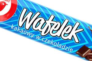 KHARKOV, UKRAINE - JANUARY 3, 2021 Wafelek chocolate wafer product by Auchan, a French multinational retail group in Croix, France photo