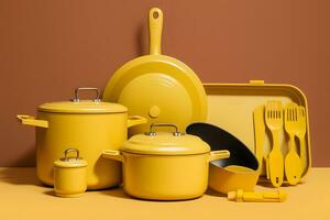 Yellow kitchen utensils set. Neural network AI generated photo