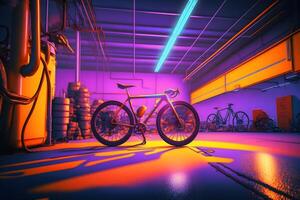 Bicycle in a neon garage. Neural network AI generated photo