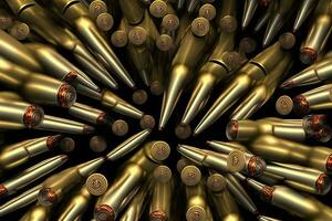 A pile of ammunition for weapons. Cartridges for machine guns and carbines. Background from new shiny cartridges. Neural network AI generated photo