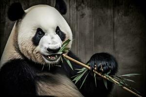 Panda eating shoots of bamboo. Rare and endangered black and white bear. Neural network AI generated photo