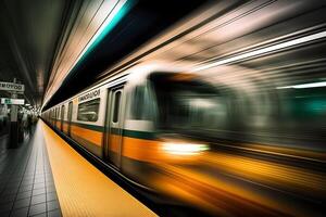 subterráneo tren a el túnel en el subterraneo plataforma, movimiento difuminar. neural red ai generado foto