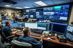Security Control Room with Multipoke Computer Screens Showing Surveillance Camera Footage Feed. High-Tech Security. Neural network AI generated photo