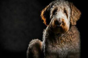 dorado labradoodle perro en un negro antecedentes. neural red ai generado foto