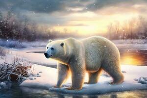 polar oso en desenfreno zona en contra puesta de sol. neural red ai generado foto