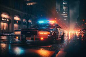 policía coche en un lluvioso noche ciudad. neural red ai generado foto