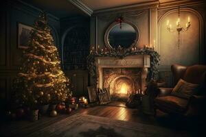 Beautiful cozy Christmas interior with a fireplace. Neural network AI generated photo