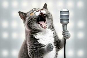 Cat artist sings into a microphone. Neural network AI generated photo