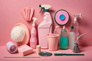 Creative still life with supplies for cleaning or housekeeping on podiums over pink background. Neural network AI generated photo