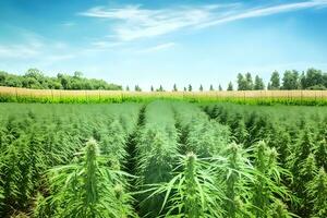 Marijuana bloom Plants nature of farm field with green. Neural network AI generated photo