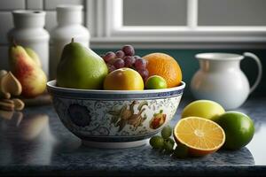 Fruta en un cuenco en el cocina. neural red ai generado foto