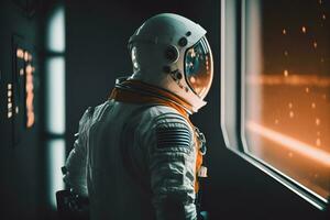 Portrait of Caucasian male astronaut inside spaceship cockpit. Sci-fi space exploration concept. Neural network AI generated photo