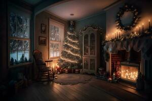 Beautiful cozy Christmas interior with a fireplace. Neural network AI generated photo