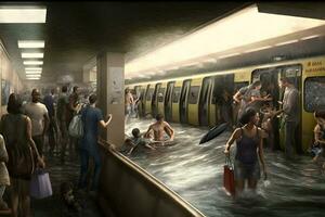 metro station during a flood in the city after a storm and heavy rain, a lot of water. Neural network AI generated photo