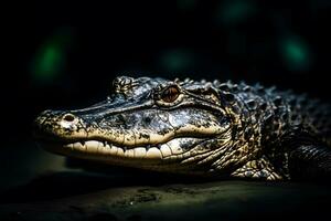 cerca arriba ver cocodrilo. salvaje animal aislado en un negro antecedentes. neural red ai generado foto