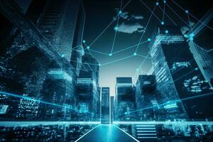 internet of things, networks and augmented reality concept, night scene. cyber technology city of the future. Neural network AI generated photo