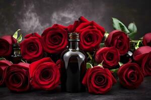 rose flower and glass of bottle essential oil or rose water with rose petals, spa and aromatherapy cosmetic concept. Neural network AI generated photo