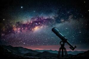 Infinite space background with silhouette of telescope. Neural network AI generated photo