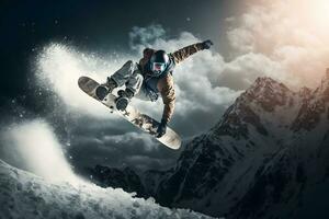 snowboarder a saltar en alto montañas a soleado día. neural red ai generado foto