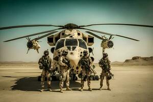 Special force assault team in a mission with helicopter background. Neural network AI generated photo