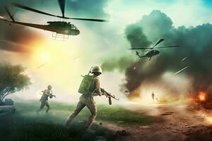 Vietnam war with helicopters and explosions. Neural network AI generated photo