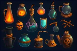 Set of magical potion bottles. Neural network AI generated art photo