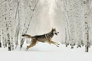 wolf in snow, attractive winter scene with wolf, close to wolf in snow. Neural network AI generated photo