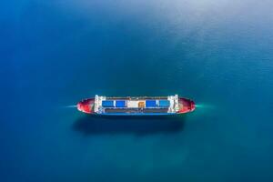 Aerial top view of cargo maritime ship with contrail in the ocean ship carrying container. Neural network AI generated photo