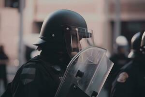 bajo ángulo de anónimo policía soldados en protector uniformes y cascos en pie en contra equipo camioneta y defendiendo por alboroto escudos neural red ai generado foto