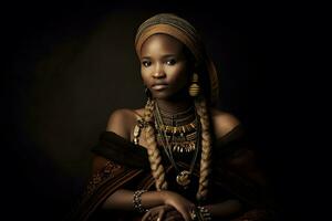 hermosa africano mujer en étnico vestido. neural red ai generado foto