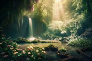 Beautiful fairytale landscape with a waterfall. Neural network AI generated photo