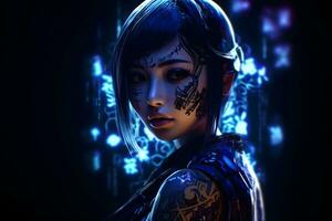 Cyberpunk portrait. Future people. Asian girl. Neural network AI generated photo