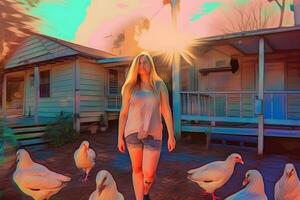 Woman and chickens in the village cartoon style. Neural network AI generated photo