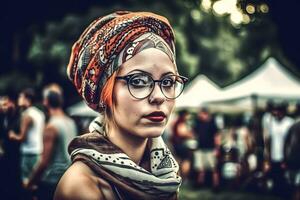 cerca arriba retrato de joven mujer en turbante. neural red ai generado foto